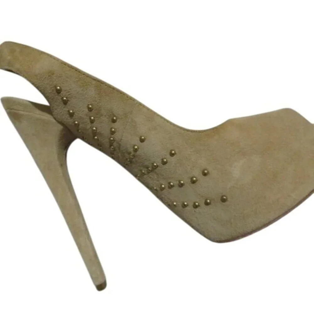 BRIAN ATWOOD Taupe Tan Suede Leather Studded Platform Slingback Peep Toe Pumps